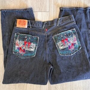RMC Jeans 40x33 Red Monkey wide Leg Japanese Embroidery button fly
